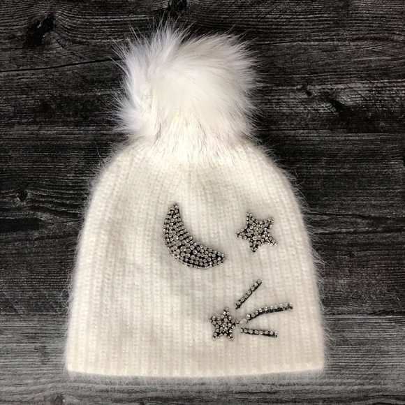 Jocelyn Beanie Be Out Of This World Faux Fur Pom Pom Moon and Stars - Picture 1 of 10